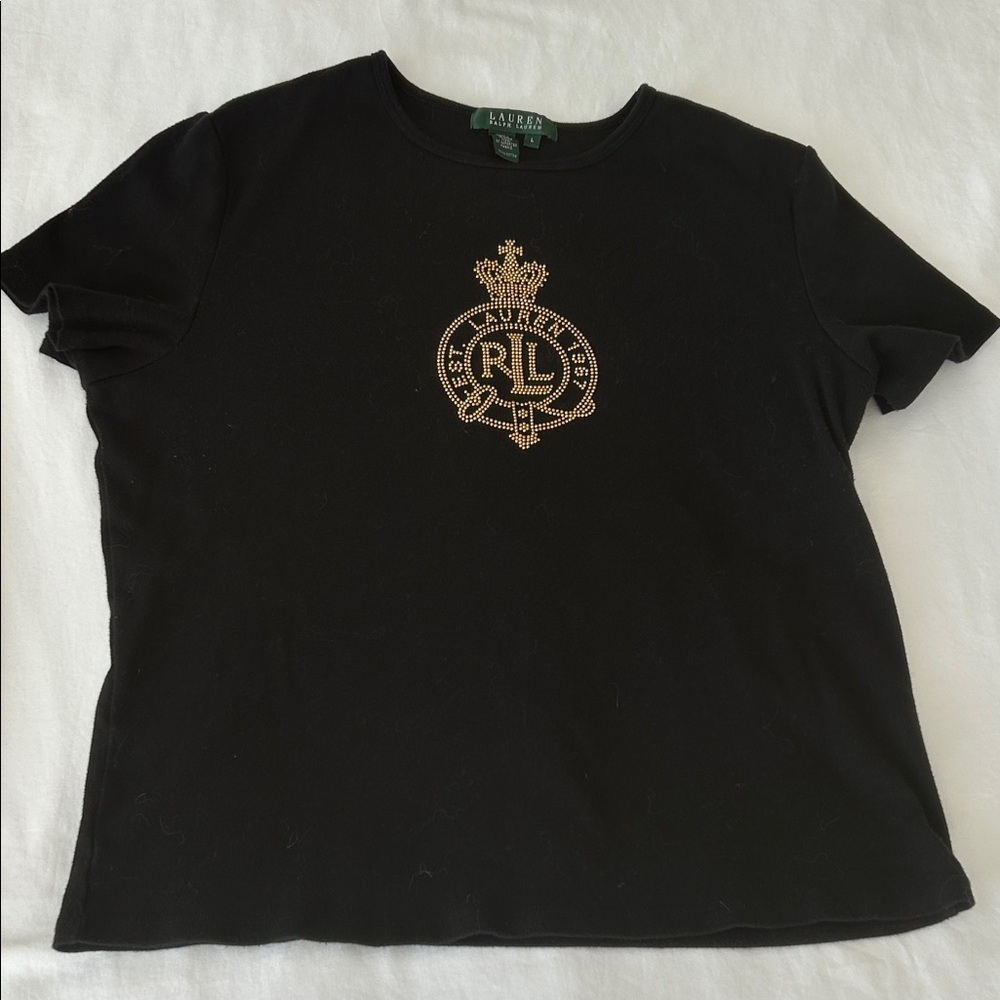 Ralph Lauren Black Tee with Gold Crest L